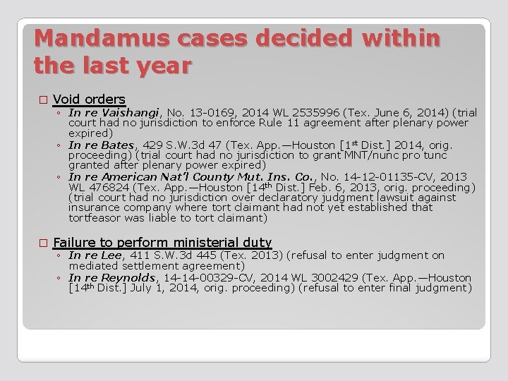 Mandamus cases decided within the last year � Void orders � Failure to perform