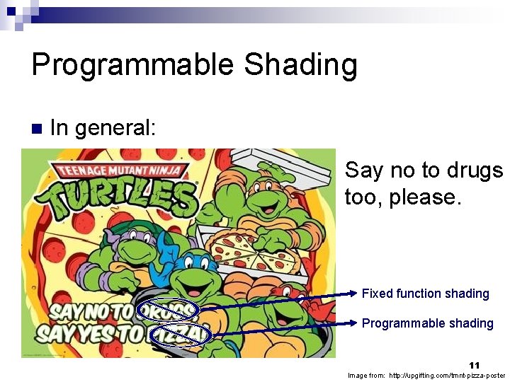 Programmable Shading n In general: Say no to drugs too, please. Fixed function shading
