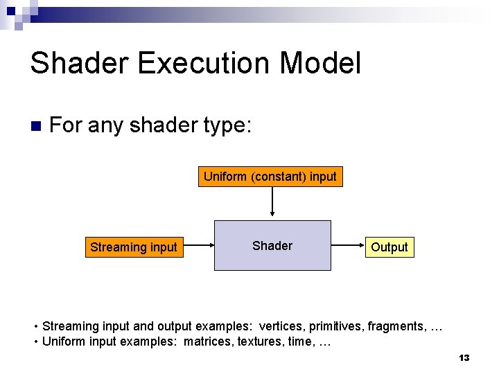 Shader Execution Model n For any shader type: Uniform (constant) input Streaming input Shader