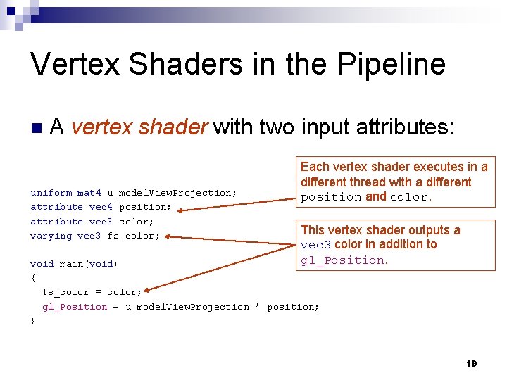 Vertex Shaders in the Pipeline n A vertex shader with two input attributes: uniform