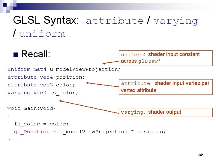 GLSL Syntax: attribute / varying / uniform n Recall: uniform: shader input constant across