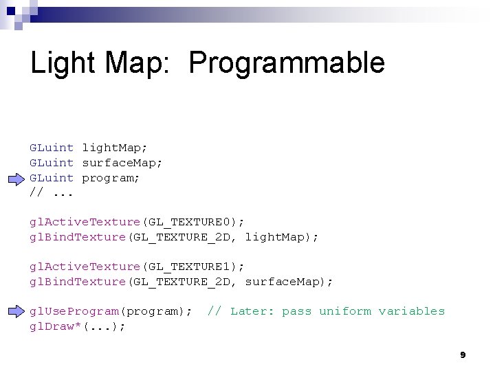 Light Map: Programmable GLuint light. Map; GLuint surface. Map; GLuint program; //. . .