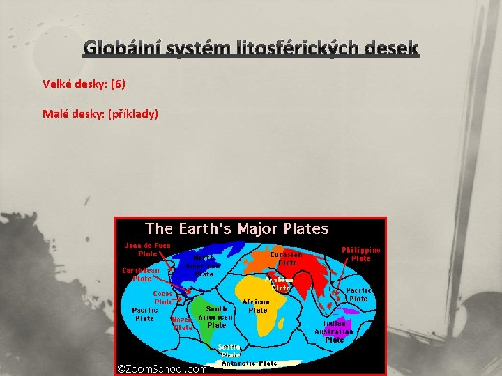 Globální systém litosférických desek Velké desky: (6) Malé desky: (příklady) 