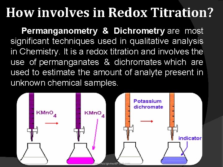 How involves in Redox Titration? Permanganometry & Dichrometry are most significant techniques used in
