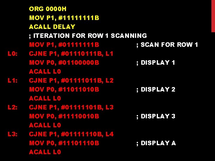 ORG 0000 H MOV P 1, #1111 B ACALL DELAY ; ITERATION FOR ROW