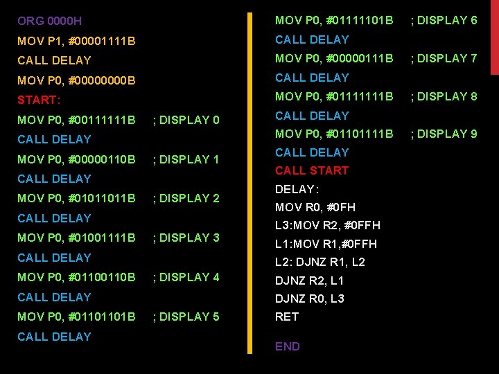 ORG 0000 H MOV P 0, #01111101 B MOV P 1, #00001111 B CALL