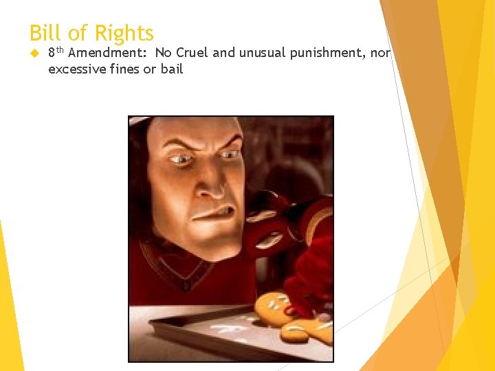 Bill of Rights 8 th Amendment: No Cruel and unusual punishment, nor excessive fines