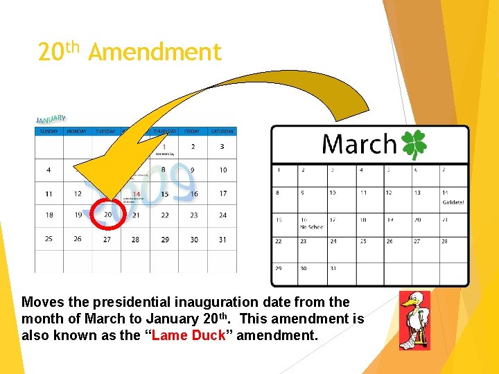 20 th Amendment Moves the presidential inauguration date from the month of March to