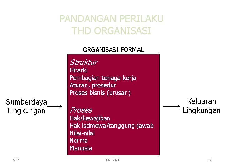 PANDANGAN PERILAKU THD ORGANISASI FORMAL Struktur Hirarki Pembagian tenaga kerja Aturan, prosedur Proses bisnis