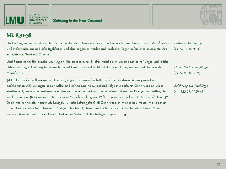 Einleitung in das Neue Testament Mk 8, 31 -38 Und er fing an, sie