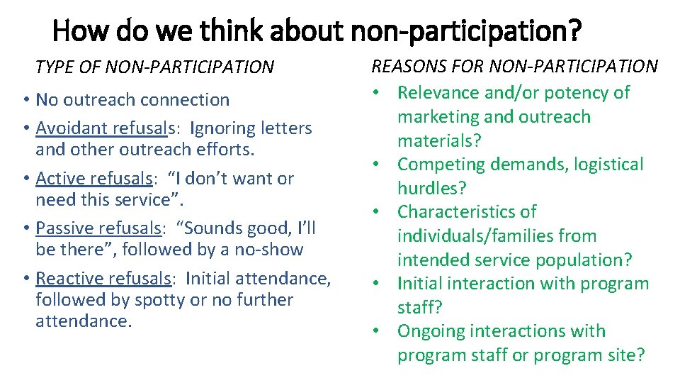 How do we think about non-participation? TYPE OF NON-PARTICIPATION • No outreach connection •
