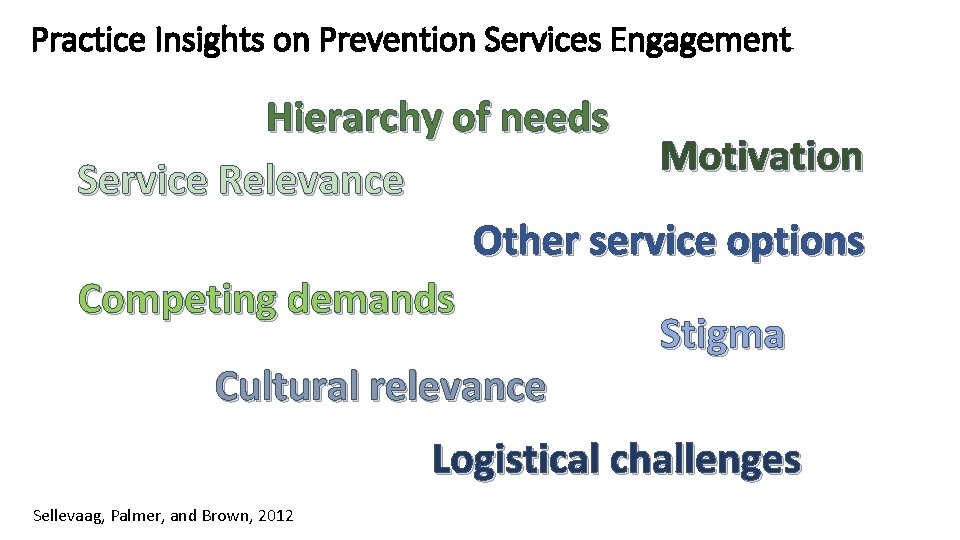 Practice Insights on Prevention Services Engagement Hierarchy of needs Motivation Service Relevance Other service