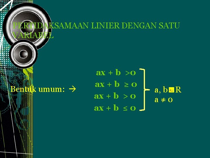 PERTIDAKSAMAAN LINIER DENGAN SATU VARIABEL Bentuk umum: ax + b >0 ax + b