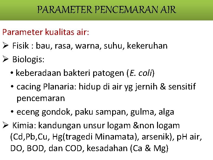 PARAMETER PENCEMARAN AIR Parameter kualitas air: Ø Fisik : bau, rasa, warna, suhu, kekeruhan