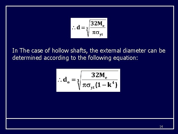 In The case of hollow shafts, the external diameter can be determined according to