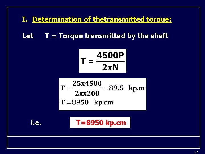 I. Determination of thetransmitted torque: Let i. e. T = Torque transmitted by the