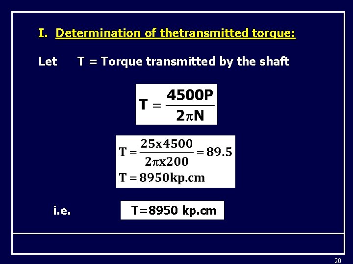 I. Determination of thetransmitted torque: Let i. e. T = Torque transmitted by the