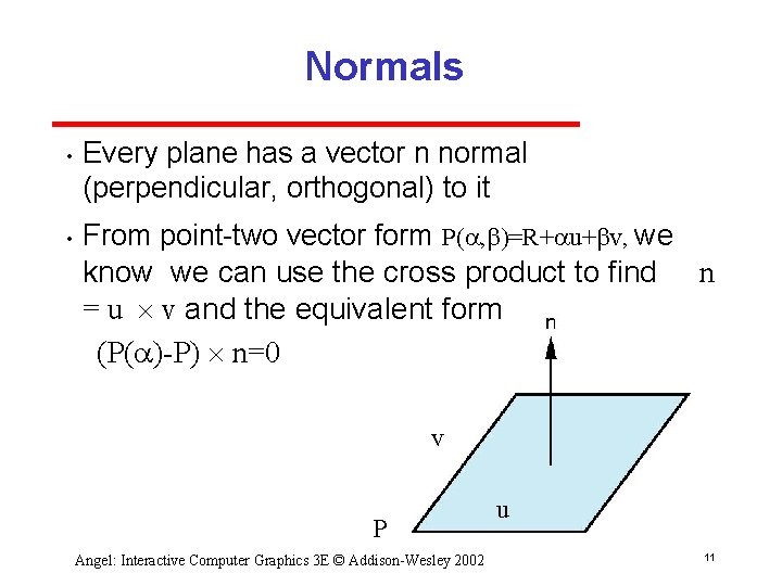 Normals • • Every plane has a vector n normal (perpendicular, orthogonal) to it