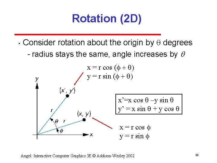 Rotation (2 D) • Consider rotation about the origin by q degrees radius stays