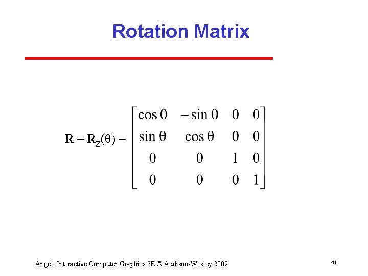 Rotation Matrix R = Rz(q) = Angel: Interactive Computer Graphics 3 E © Addison