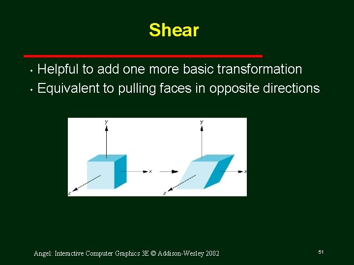 Shear • • Helpful to add one more basic transformation Equivalent to pulling faces