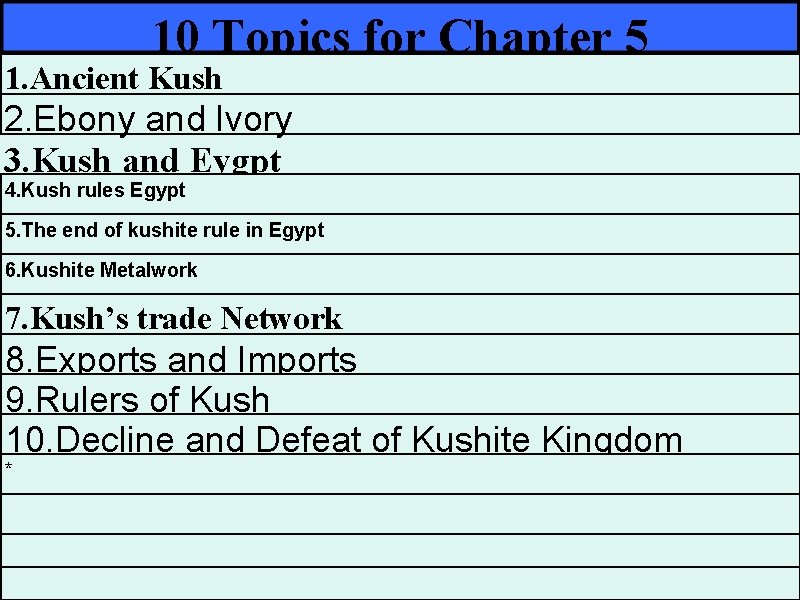 10 Topics for Chapter 5 1. Ancient Kush 2. Ebony and Ivory 3. Kush