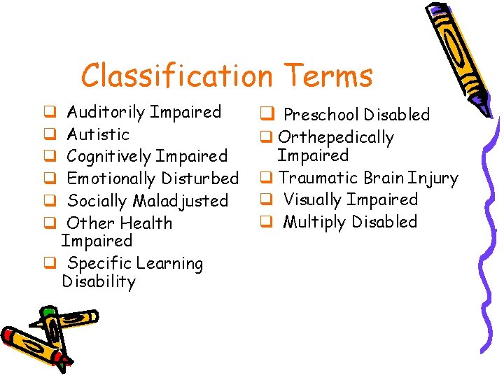 Classification Terms Auditorily Impaired Autistic Cognitively Impaired Emotionally Disturbed Socially Maladjusted Other Health Impaired