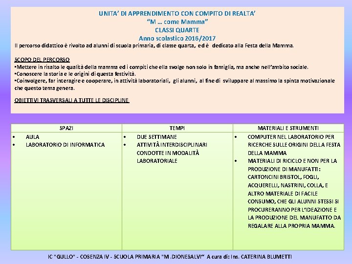 UNITA’ DI APPRENDIMENTO CON COMPITO DI REALTA’ “M … come Mamma” CLASSI QUARTE Anno