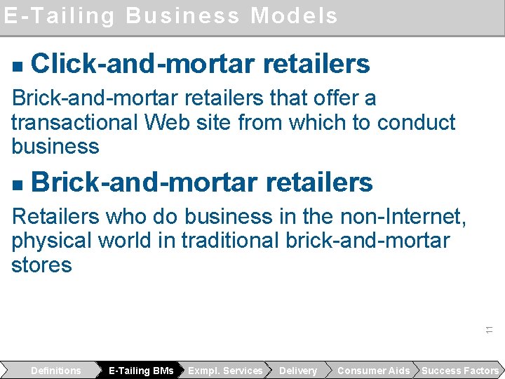 E-Tailing Business Models n Click-and-mortar retailers Brick-and-mortar retailers that offer a transactional Web site