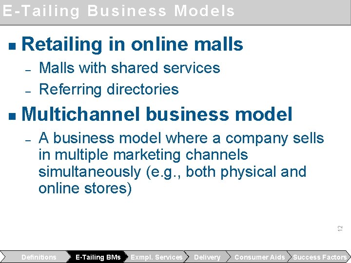 E-Tailing Business Models n Retailing in online malls ‒ ‒ Multichannel business model ‒
