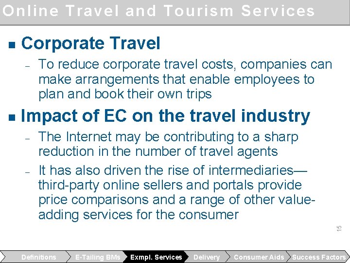 Online Travel and Tourism Services n Corporate Travel ‒ Impact of EC on the