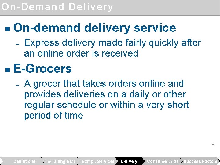 On-Demand Delivery n On-demand delivery service ‒ E-Grocers ‒ A grocer that takes orders