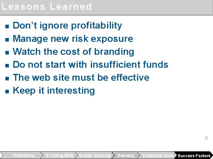 Lessons Learned n n n Don’t ignore profitability Manage new risk exposure Watch the