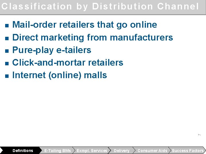 Classification by Distribution Channel n n Mail-order retailers that go online Direct marketing from