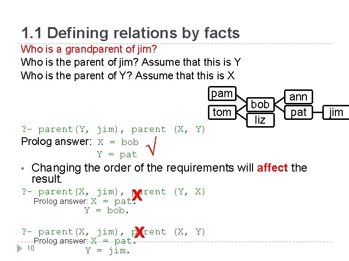 1. 1 Defining relations by facts Who is a grandparent of jim? Who is