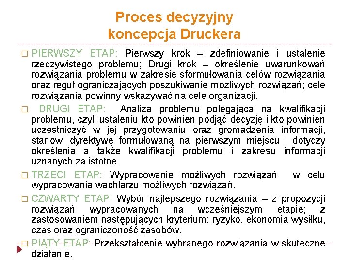 Proces decyzyjny koncepcja Druckera PIERWSZY ETAP: Pierwszy krok – zdefiniowanie i ustalenie rzeczywistego problemu;