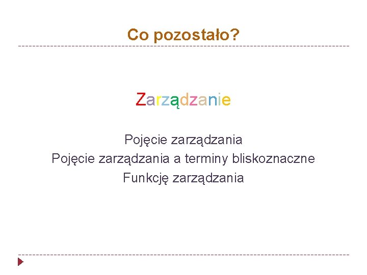 Co pozostało? Zarządzanie Pojęcie zarządzania a terminy bliskoznaczne Funkcję zarządzania 