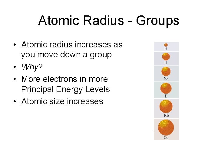 Atomic Radius - Groups • Atomic radius increases as you move down a group