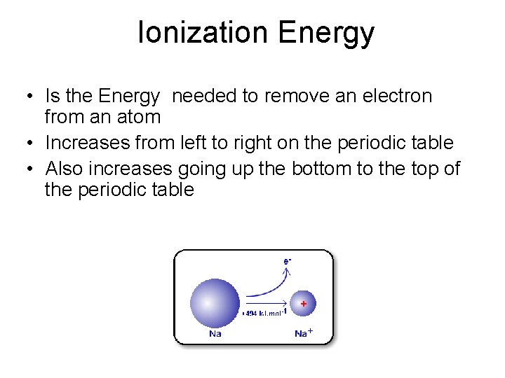 Ionization Energy • Is the Energy needed to remove an electron from an atom