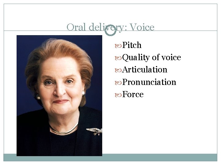 Oral delivery: Voice Pitch Quality of voice Articulation Pronunciation Force 