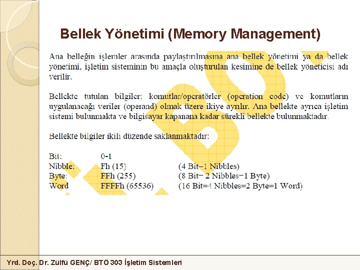 Bellek Yönetimi (Memory Management) Yrd. Doç. Dr. Zülfü GENÇ/ BTÖ 303 İşletim Sistemleri 