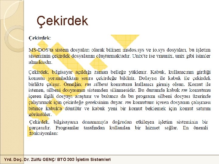 Çekirdek Yrd. Doç. Dr. Zülfü GENÇ/ BTÖ 303 İşletim Sistemleri 