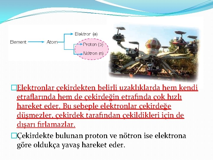 �Elektronlar çekirdekten belirli uzaklıklarda hem kendi etraflarında hem de çekirdeğin etrafında çok hızlı hareket