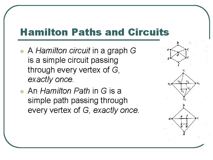 Hamilton Paths and Circuits l l A Hamilton circuit in a graph G is