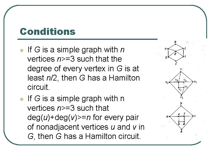 Conditions l l If G is a simple graph with n vertices n>=3 such