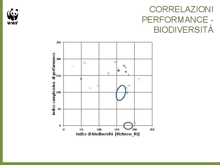 CORRELAZIONI PERFORMANCE BIODIVERSITÀ Indice complessivo di performance 250 200 150 100 50 0 0