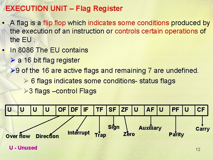 EXECUTION UNIT – Flag Register • A flag is a flip flop which indicates