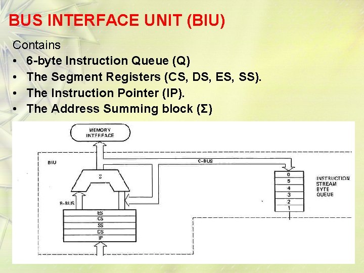 BUS INTERFACE UNIT (BIU) Contains • 6 -byte Instruction Queue (Q) • The Segment