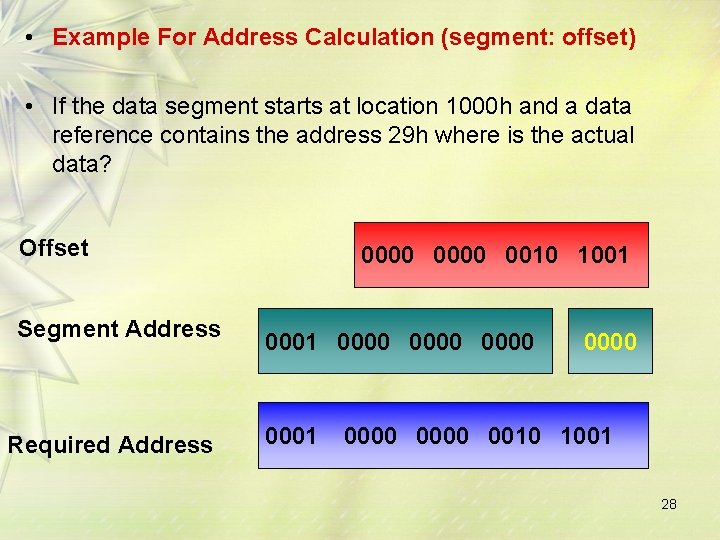  • Example For Address Calculation (segment: offset) • If the data segment starts