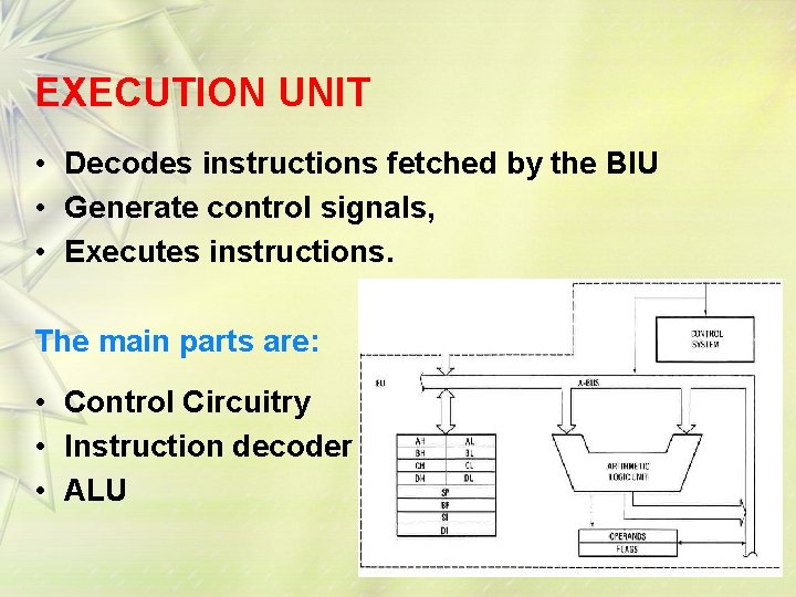 EXECUTION UNIT • Decodes instructions fetched by the BIU • Generate control signals, •